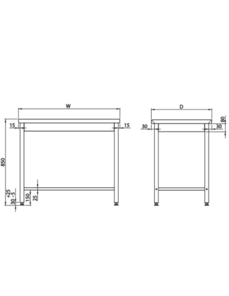 Mesa Central acero inoxidable AISI 201 Sin Estante 1000 x 600 x 850