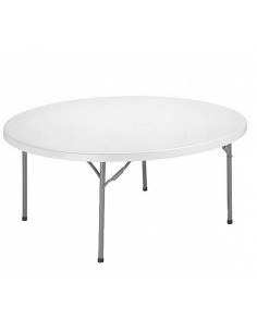 Mesa plegable redonda Muebles Romero 311 con estructura de acero y tablero de polietileno gris. Fácil de montar y desmontar, ide