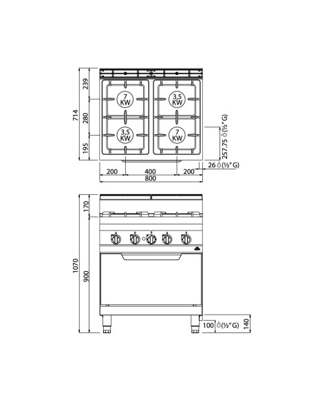 Cocina a Gas con Horno Macros 700 G7F4+FG BERTOS|Hosteleria negocios